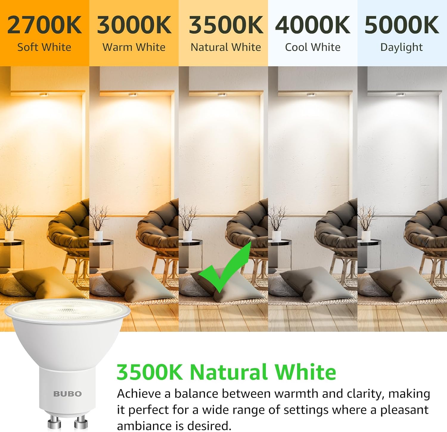 BUBO GU10 LED Bulb 6W Equivalent 50W, 3500K Natural White 650 Lumens, Non-Dimmable GU10 Bulb Replacement for Track Lighting, MR16 LED Bulb for Kitchen, Range Hood, Living Room, Bedroom, 20 Pack