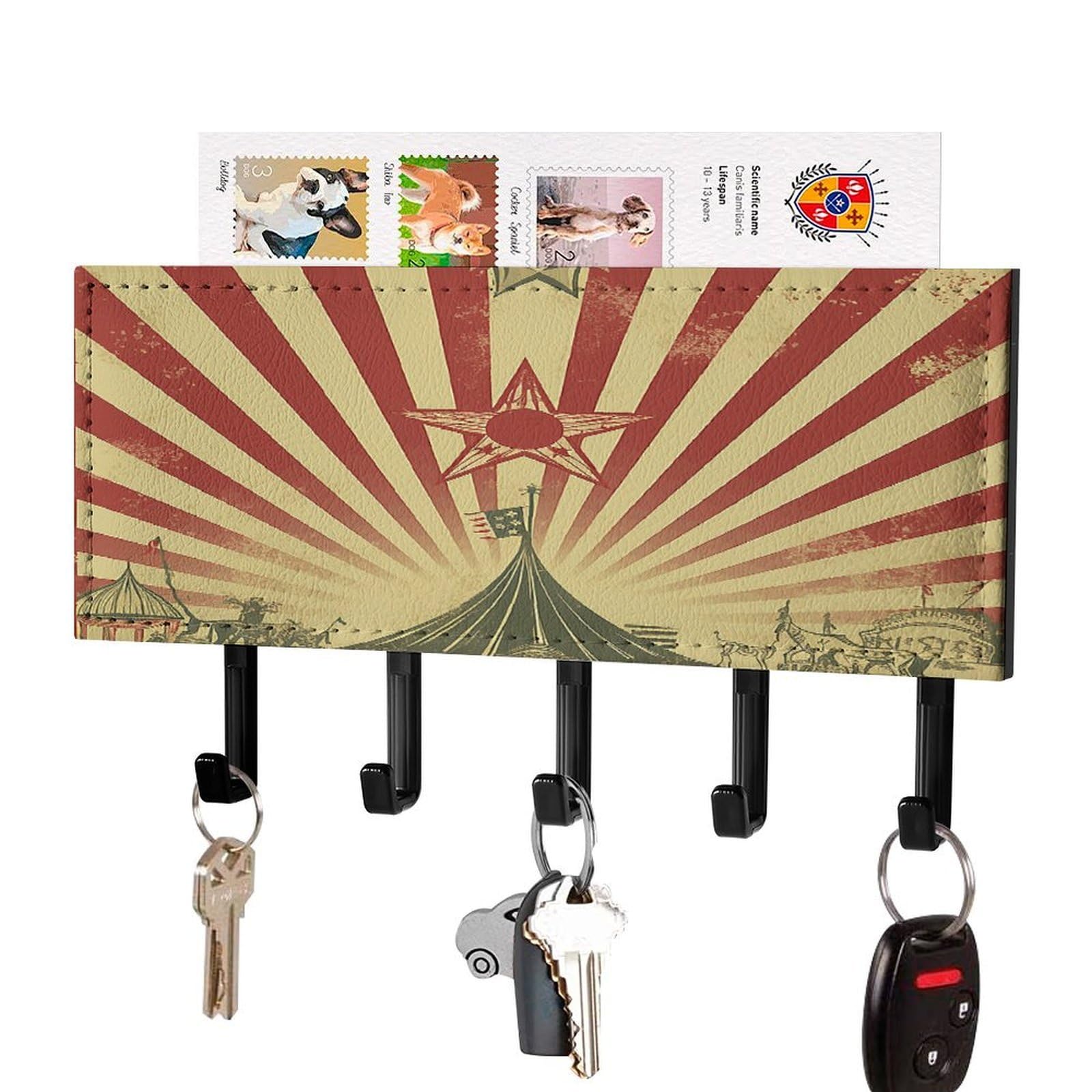 Colgador de llaves de pared estilo circo vintage con estante de madera y 5 ganchos