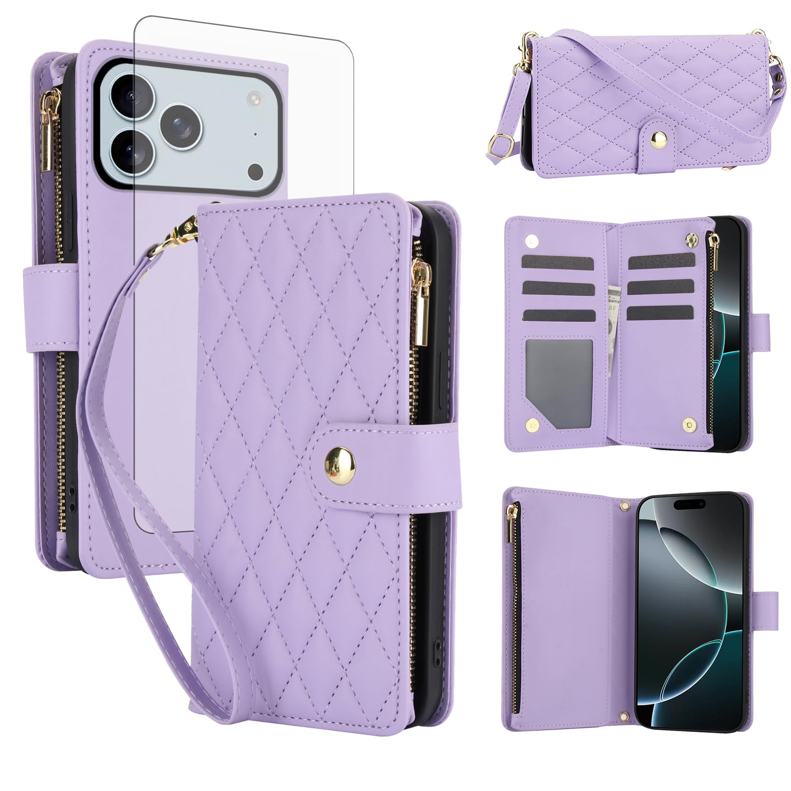 Asuwish Handyhülle für iPhone 17 Pro Hülle mit Band Folie Schutzfolie Kartenfach Klappbar Leder Geldbörse Ständer i Phone17 17Pro Prohülle Handy Hüllen Schutzhülle Reißverschluss Phone Case Lila