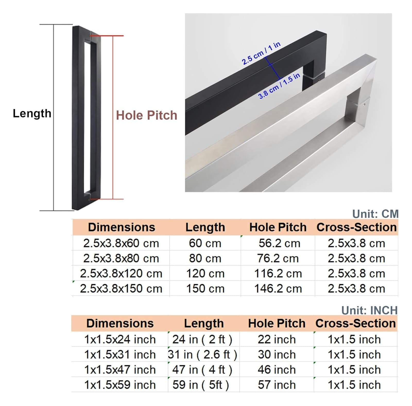 Juego de manijas de puerta de granero, manija de doble cara para interior y exterior, ideal para puertas de madera y vidrio, diseño de barra cuadrada, resistente