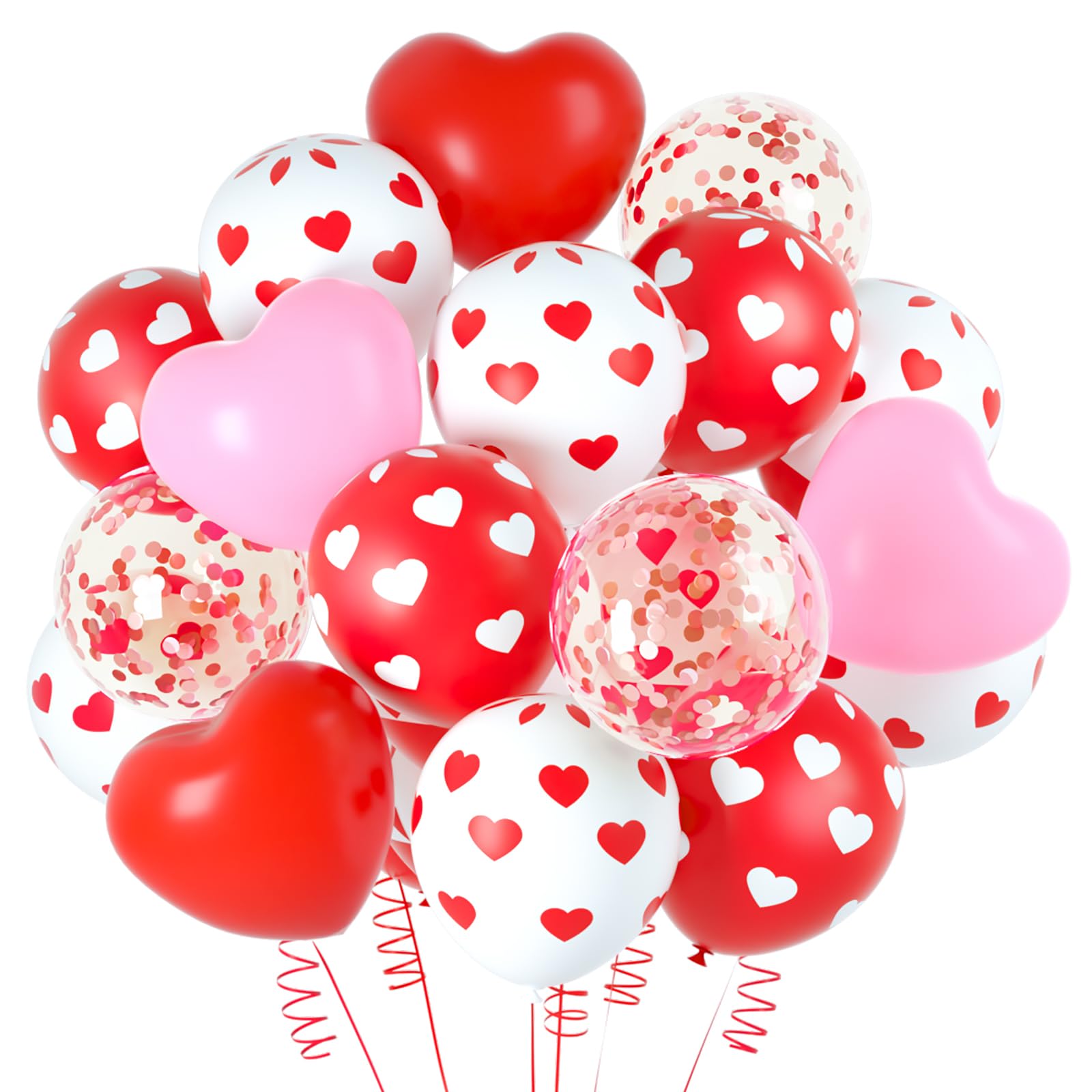 NEBURORA 60 piezas Globos en forma de corazón rosados ​​y rojos para el día de San Valentín Globos con estampado de corazón y confeti Juego de globos con cinta para fiesta de San Valentín