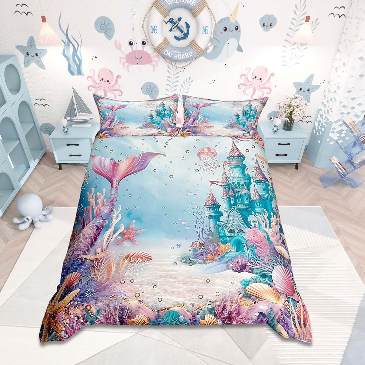 Homemissing Mermaid Duvet Cover Cot Size Kids Ocean Life Sea Animal Duvet Cover for Boys Girls Teens Cattle Bedding Set Breathable Princess Decor Bedroom Decor — image 1