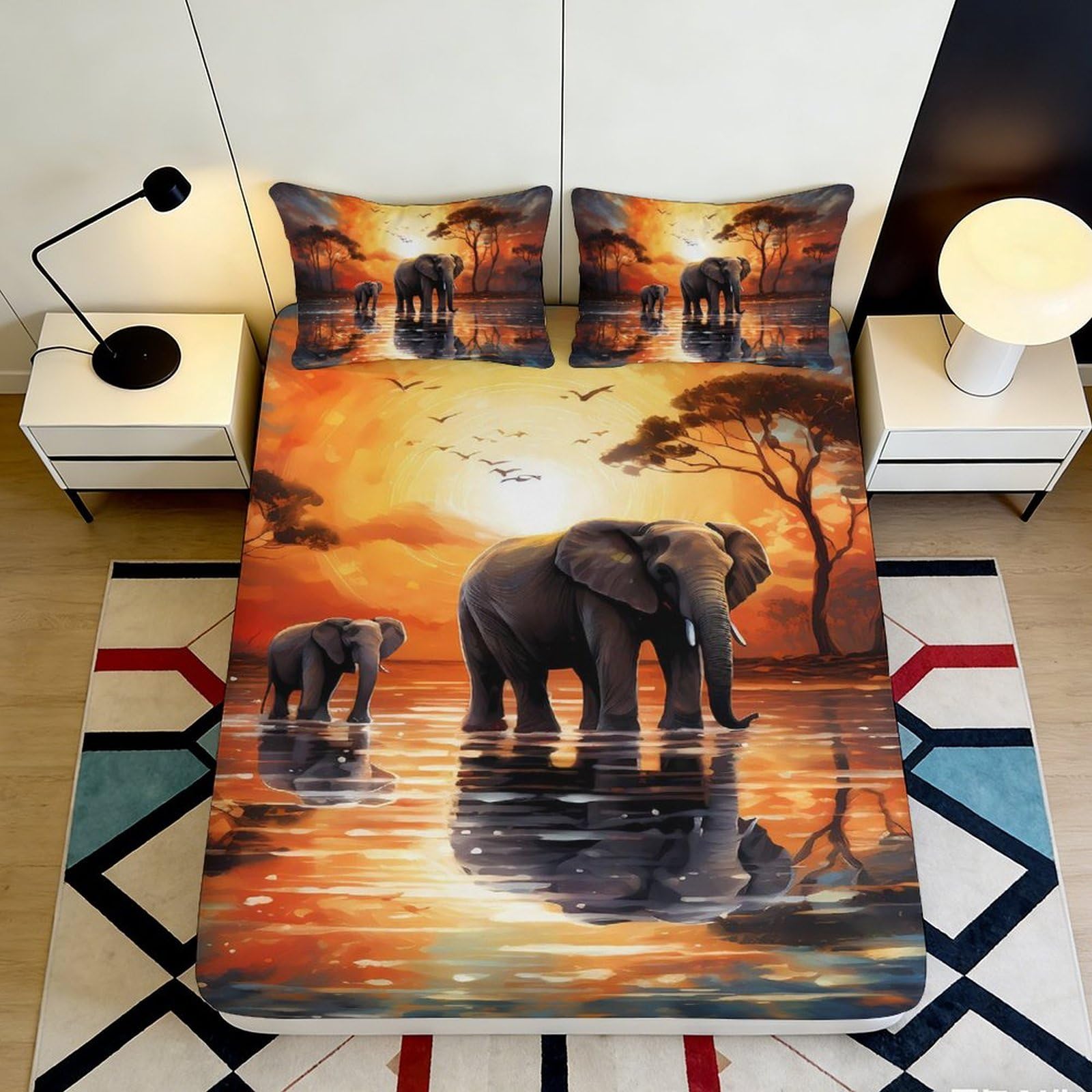 Jqzkxnhpbr Style-9 3D Printed Sunset Elephant Fitted Sheet Microfiber Soft Bed Cover African Wildlife Decor Bedroom Dorm 90X200x25cm