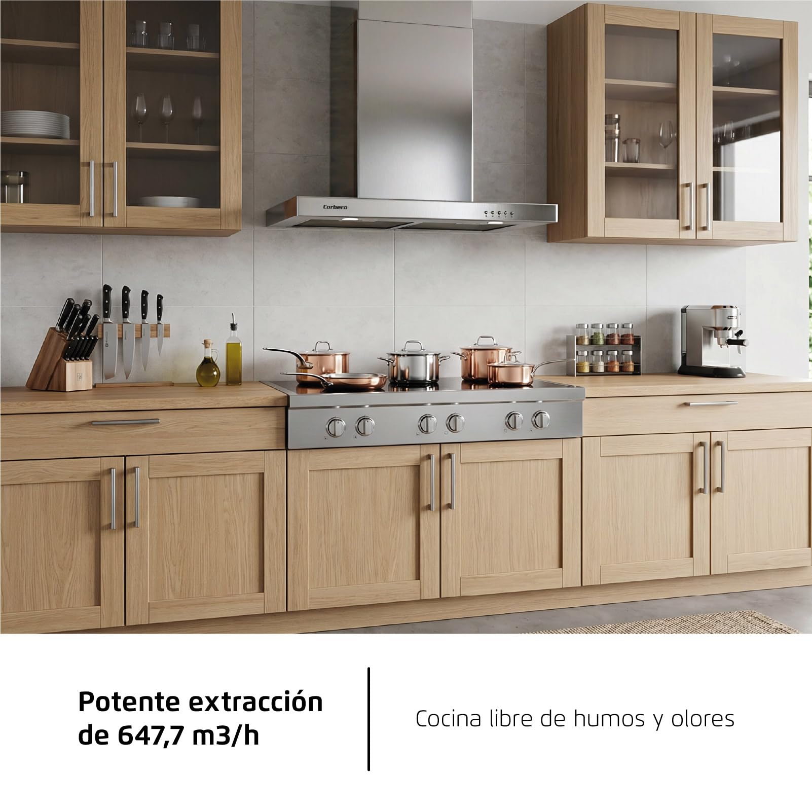 Corberó - Hotte décorative horizontale 70 cm | VOSTOK760X | Inox | Débit 647,7 m3/h | 165 W | 3 vitesses | 2 filtres en aluminium | Filtre charbon | Efficacité énergétique A, Inox