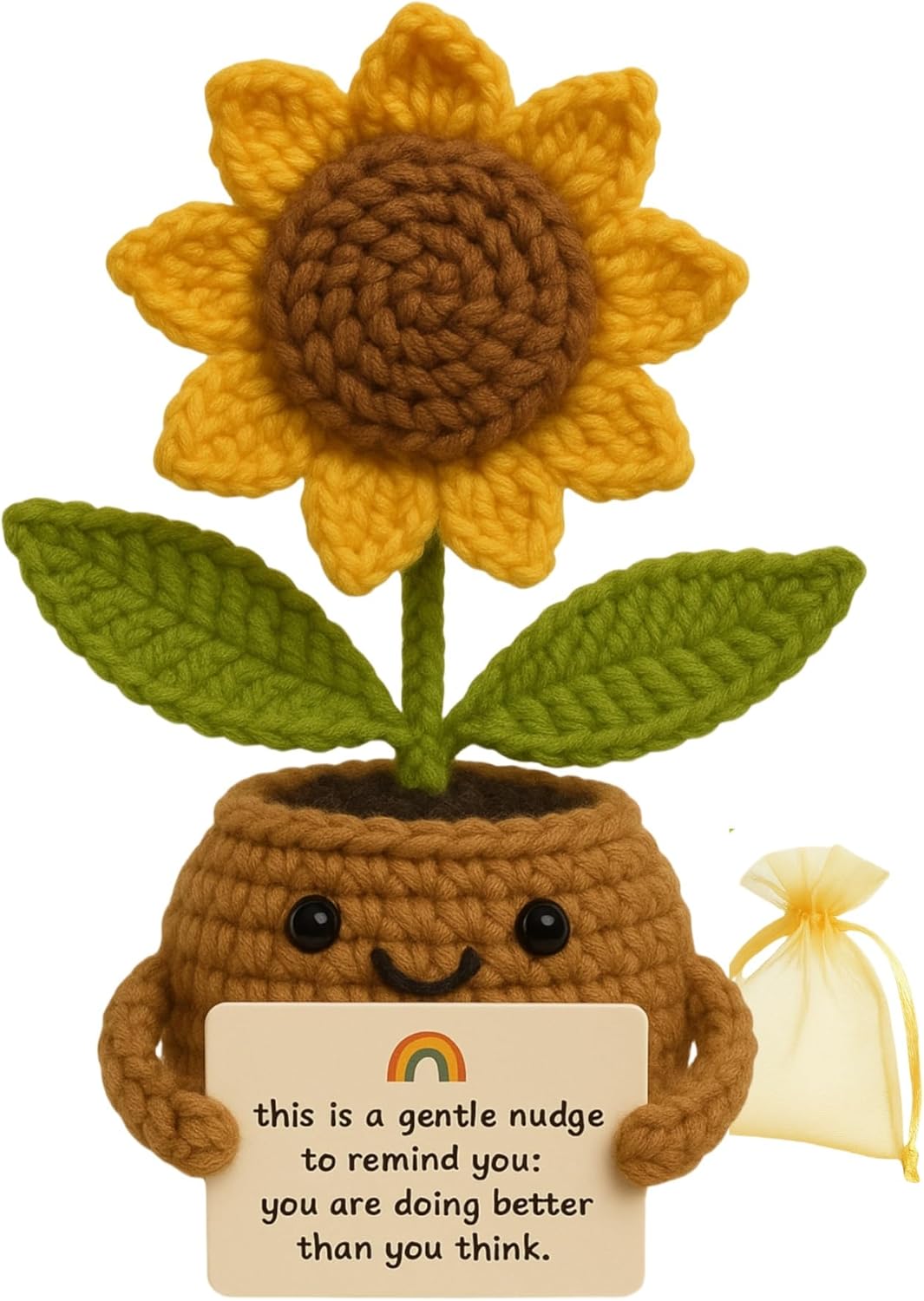 Crochet Sunflower with Positive Messages | Handmade Crochet Flower Desk Decor | Emotional Support Gift for Teacher, Friend, Coworkert | Light Brown Pot