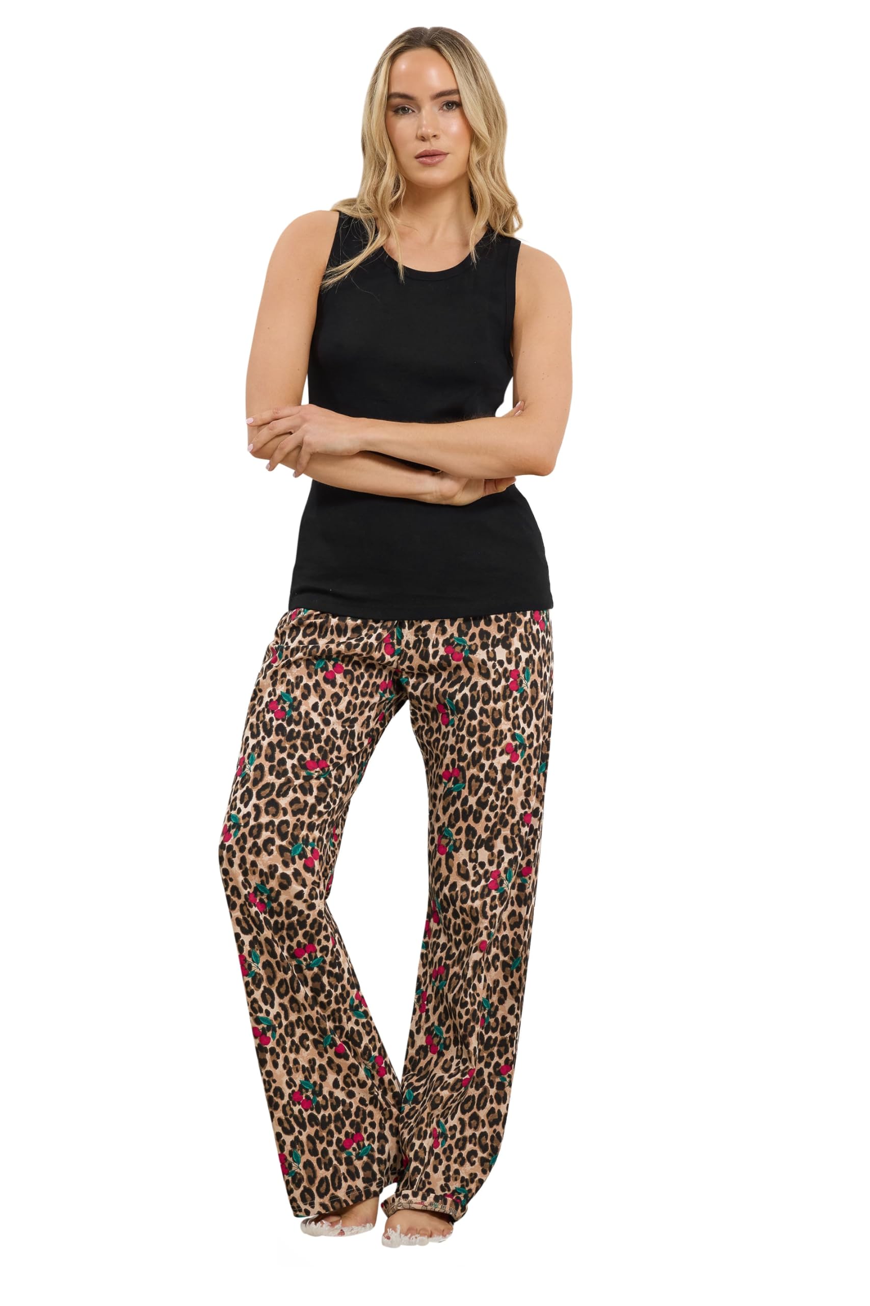 Lts Women's Black Tall Cherry & Leopard Cotton Pyjama Set Size 22-24
