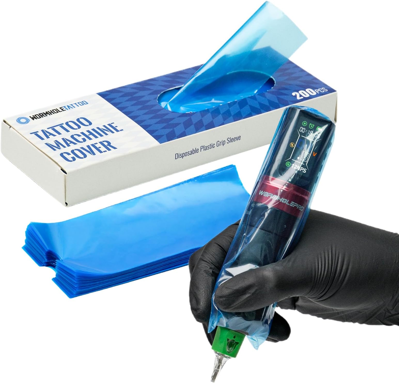 Wormhole Tattoo Machine Covers 200Pcs Large Tattoo Pen Covers Plastic Tattoo Gun Wrap Clear Pen Sleeves for Tattooist 65 * 180mm - Blue