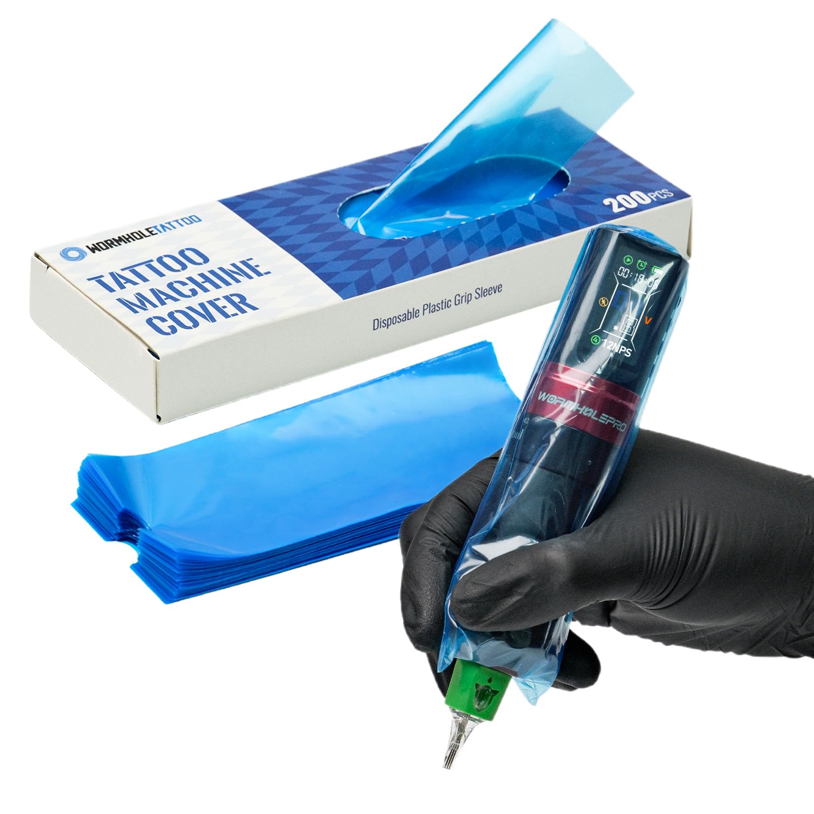 Machine Covers 200Pcs Large Tattoo Pen Covers Plastic Tattoo Gun Wrap Clear Pen Sleeves for Tattooist 65 * 180mm - Blue
