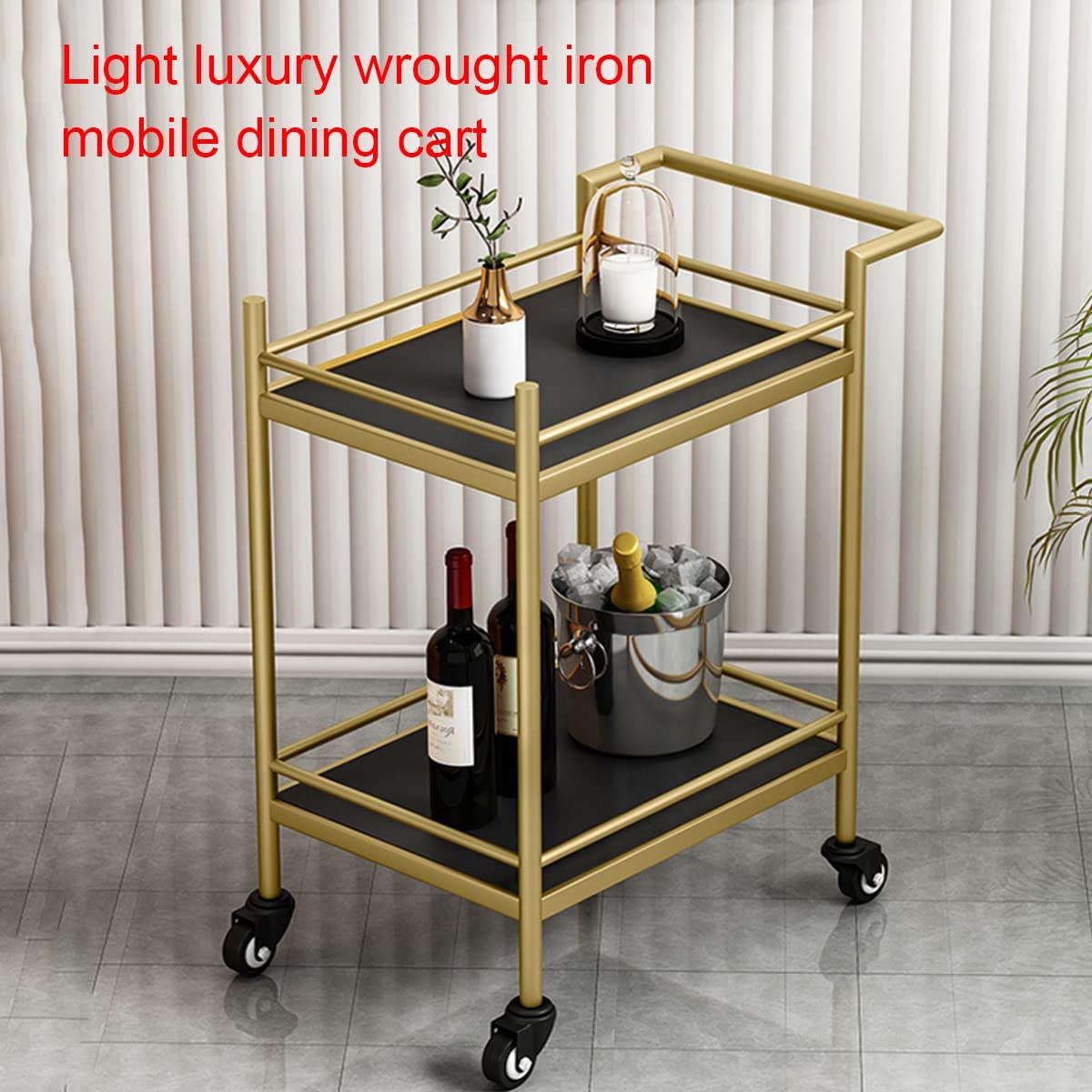 Carrello da tè ecologico in legno con ruote universali, perfetto per servire birra e vino Drin Craft in hotel, scaffali Ele Black & d per cene sofisticate