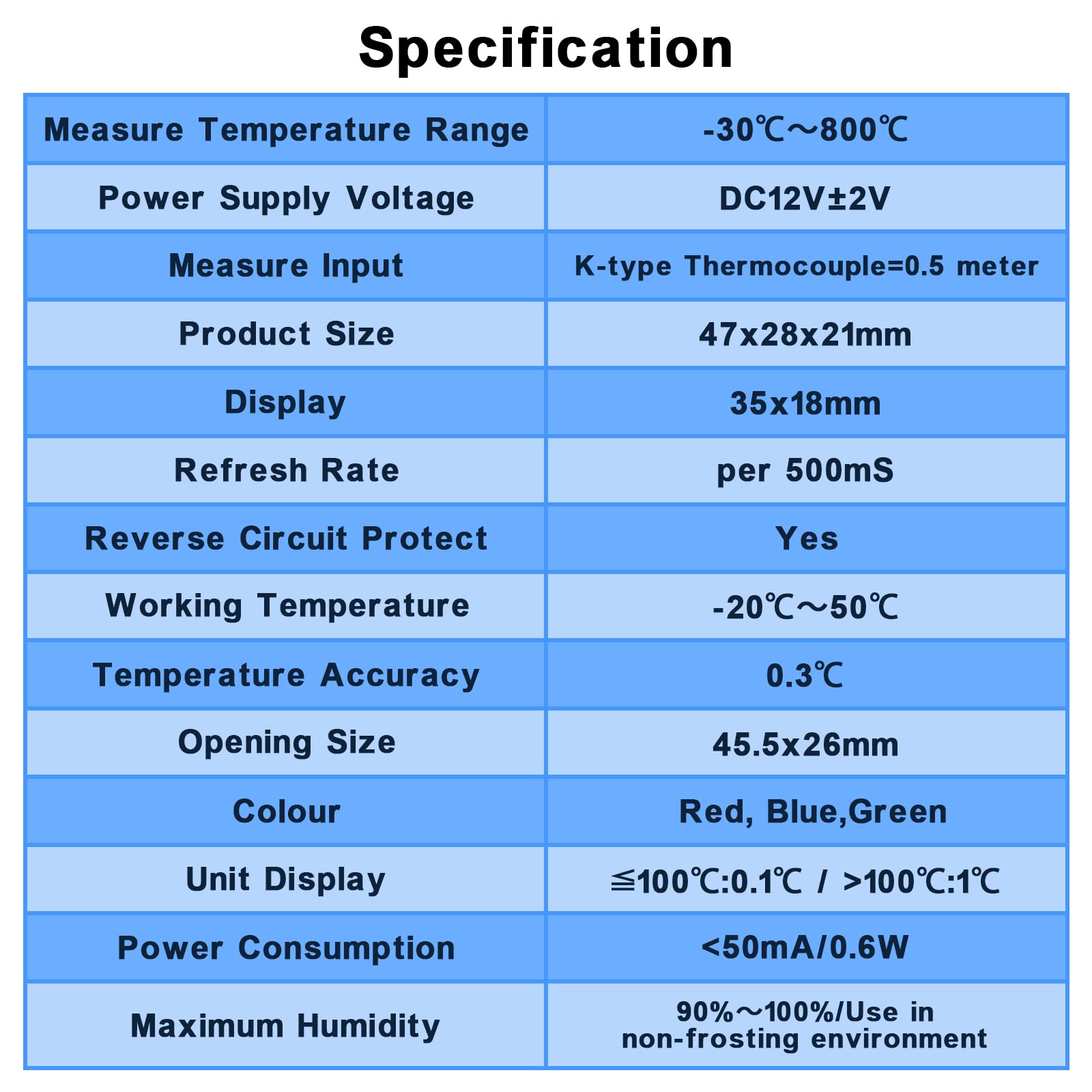 Termometro Digitale Industriale 12V con Sonda Impermeabile Tipo-K -30-800℃ Rosso