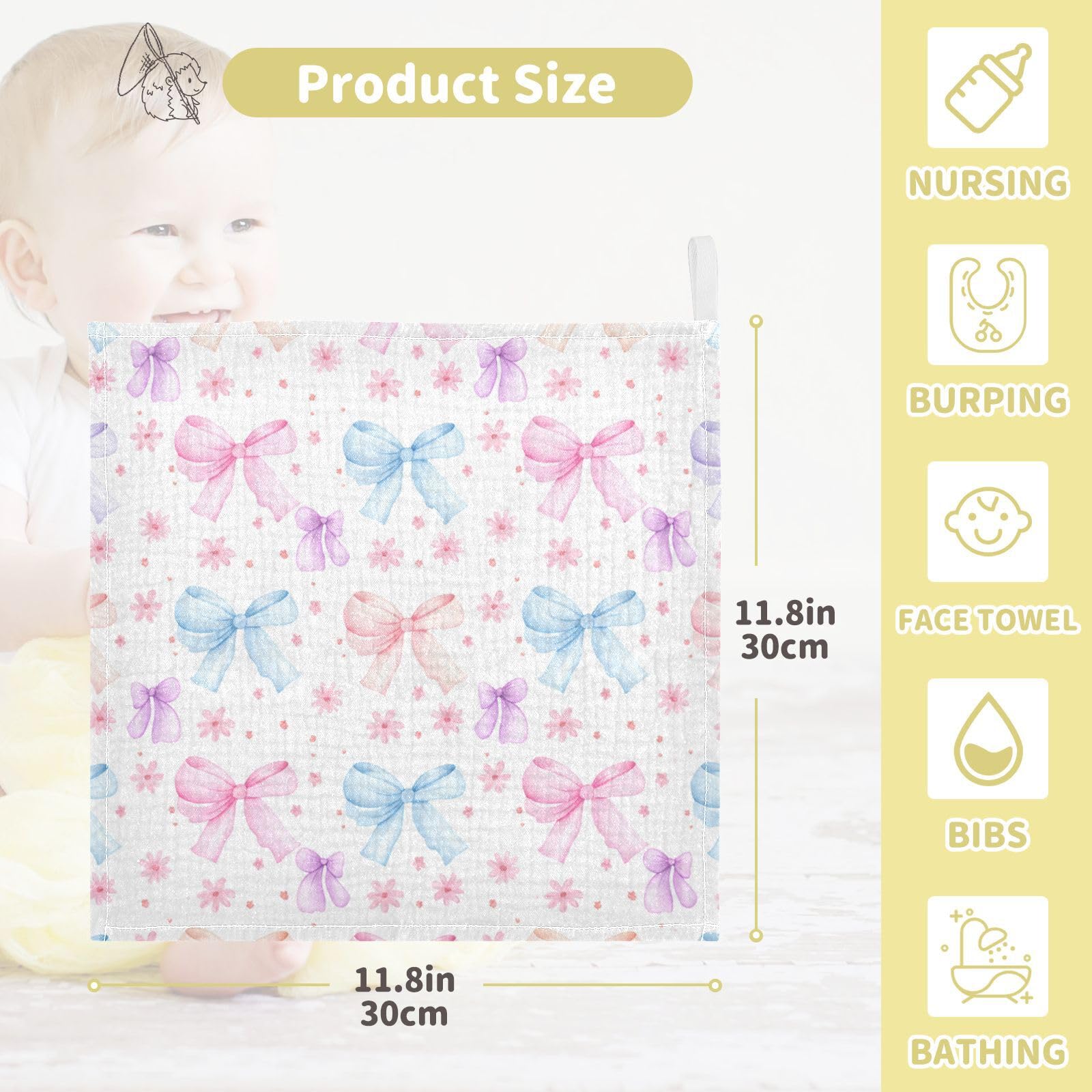 Kigai Colorful Ribbon Bow Baby Washcloths,3pcs Ultra Soft Absorbent Towel,Newborn Bath Face Towel, Natural Reusable Baby Wipes for Sensitive Skin, Baby Registry as Shower