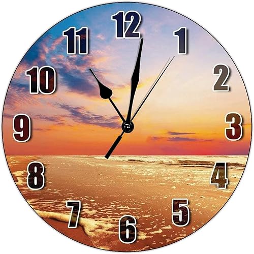 Reloj de pared divertido junto al mar rojo atardecer silencioso, funciona con pilas, reloj decorativo de PVC para el hogar, sala de estar, 10 x 10 Reloj de pared divertido junto al mar rojo atardecer silencioso, funciona con pilas, reloj decorativo de PVC para el hogar, sala de estar, 10 x 10