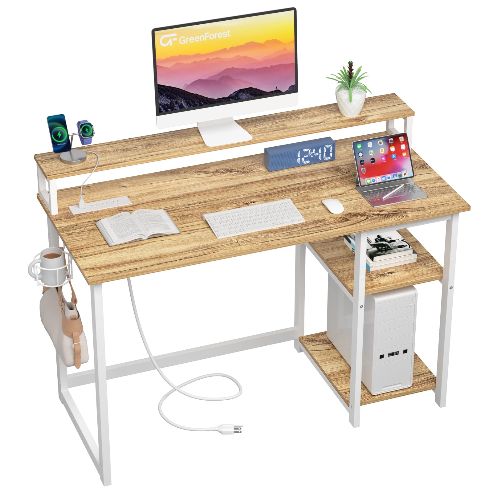 GreenForest Computer Desk with USB Charging Port and Power Outlet,Reversible Small Desk with Monitor Stand and Storage Shelves for Home Office,40 in Work Desk with Cup Holder Hook,Oak