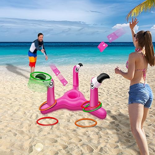 Miniatura 7 de Juego de juguetes inflables de flamenco 2 en 1 para lanzar y lanzar anillos. Juego de juguetes inflables de flamenco para piscina y cornhole