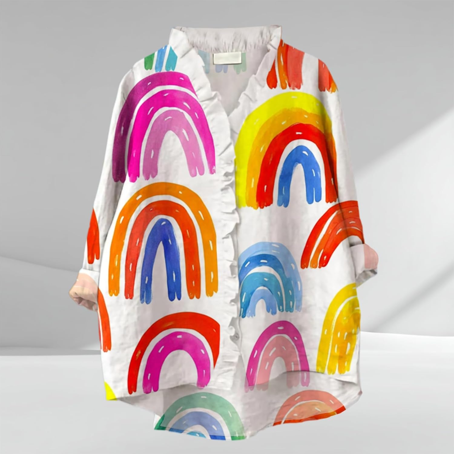 Womens Tops Button Down Ruffled V Neck Tunic Shirts Lightweight 3/4 Rolled Sleeves Flowy Boho Floral Print Blouses - Image 2