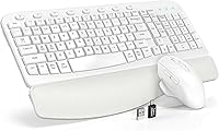 Vista 10 de Combo de teclado y mouse inalámbricos – Tecla de onda ergonómica, reposa muñecas de cuero suave incorporado, 2.4G de tamaño completo, 8 teclas