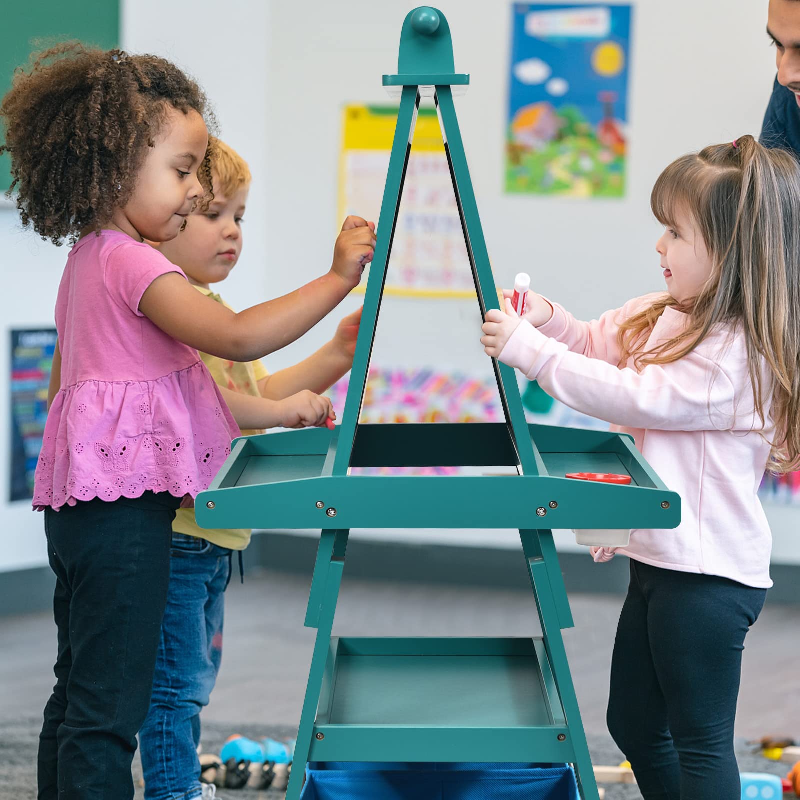 RELAX4LIFE 3 in 1 Lavagna per Bambini, Cavalletto Pittura a Doppia Faccia, Lavagna Magnetica con Rotolo di Carta, Giocattolo Educativo 3+ Anni (Blu)