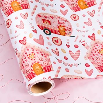 MAYPLUSS Valentines Day Wrapping Paper, Pink Heart Wrap Paper Love Car House Gift Wrapping Roll for Girl Anniversaries Romantic Celebration, 17IN X 16.5FT
