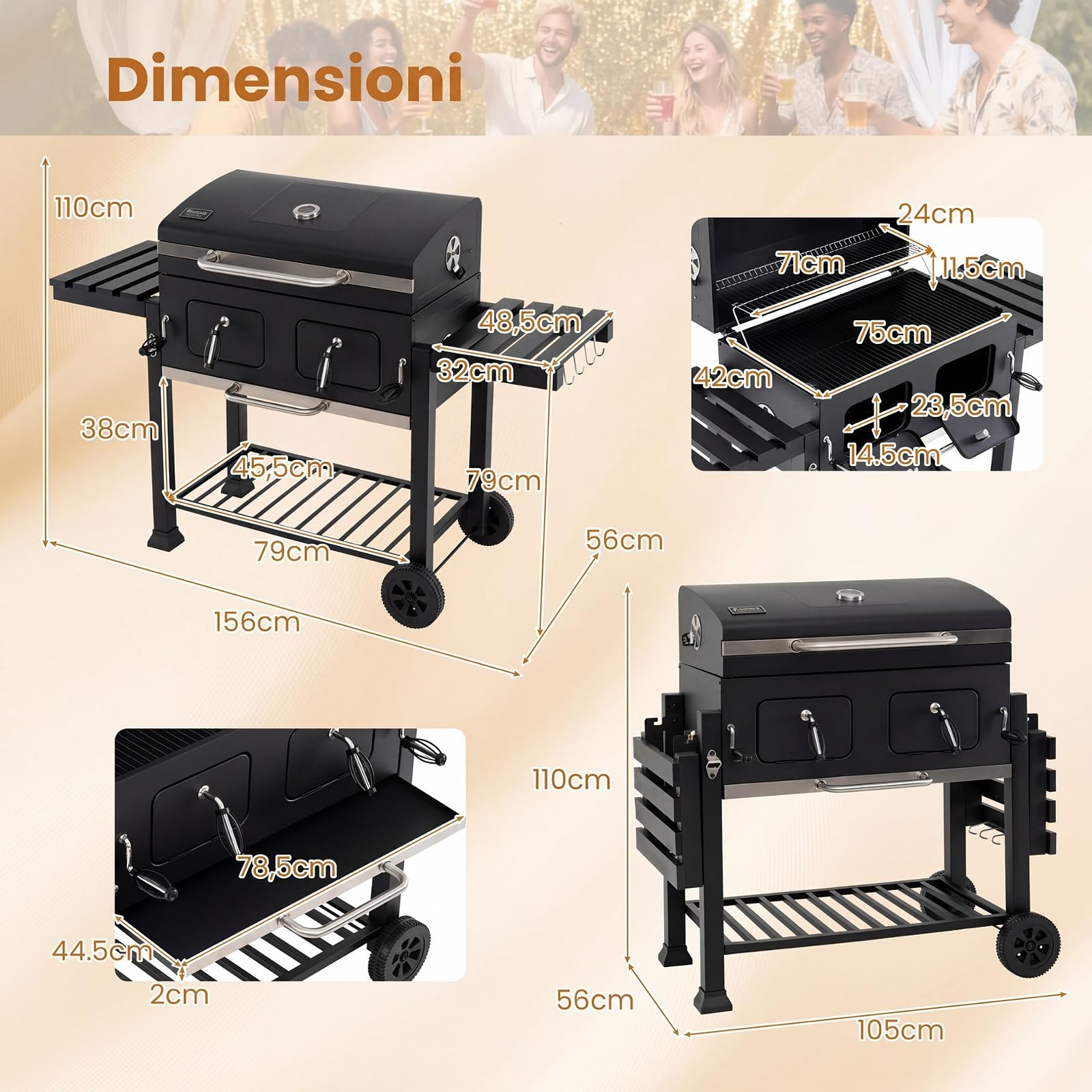 COSTWAY Barbecue a Carbone, Barbecue Portatile Affumicatore con Ruote | Griglia Regolabile in Altezza e Tavolini Laterali,Carrello BBQ da Esterno con Copertura e Termometro per Giardino e Campeggio