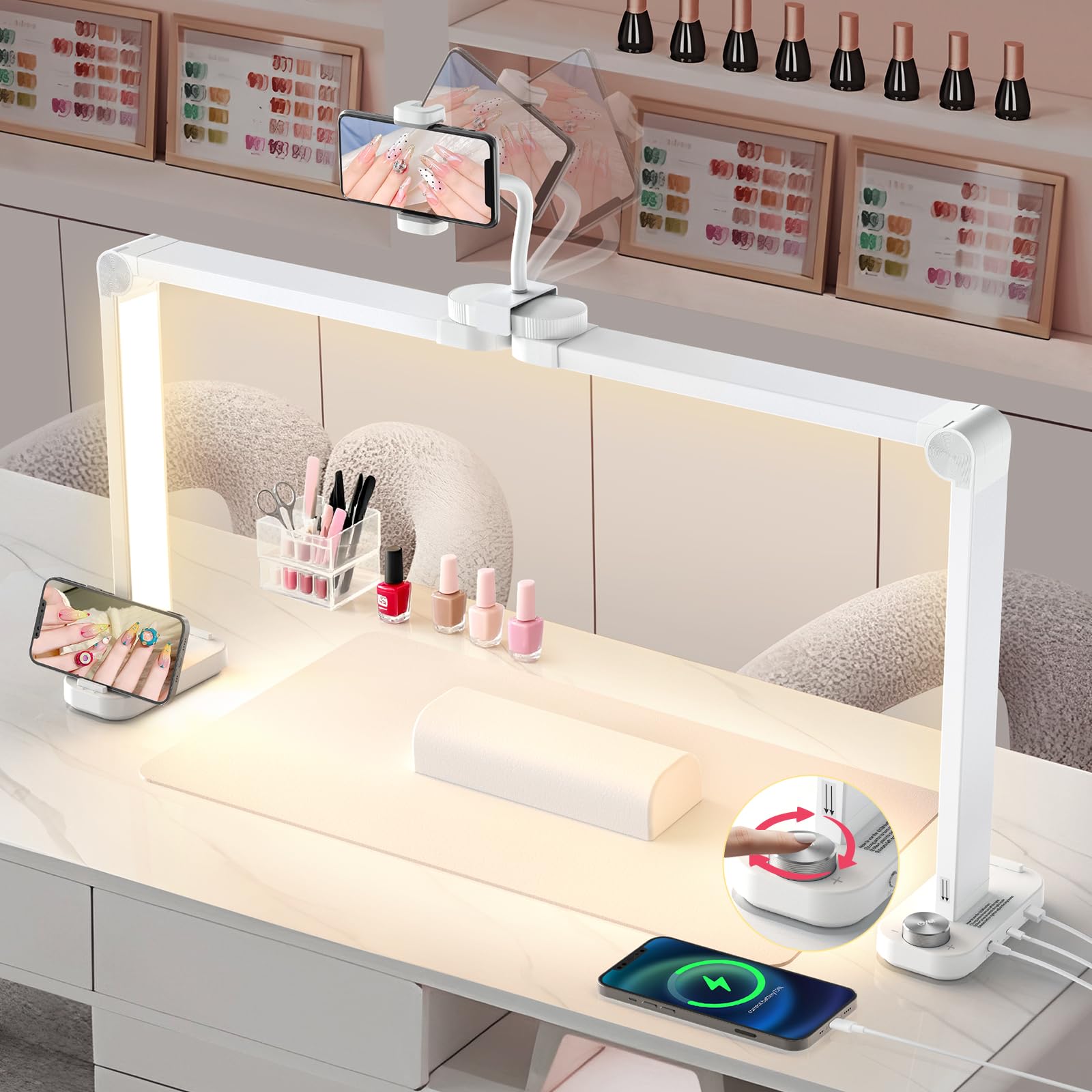 Media Luna Lámpara para Uñas: 34" Lampara Media Luna con Soporte - 3 Modos de Color y 10 Niveles de Brillo Ajustables para Manicura (Blanco)
