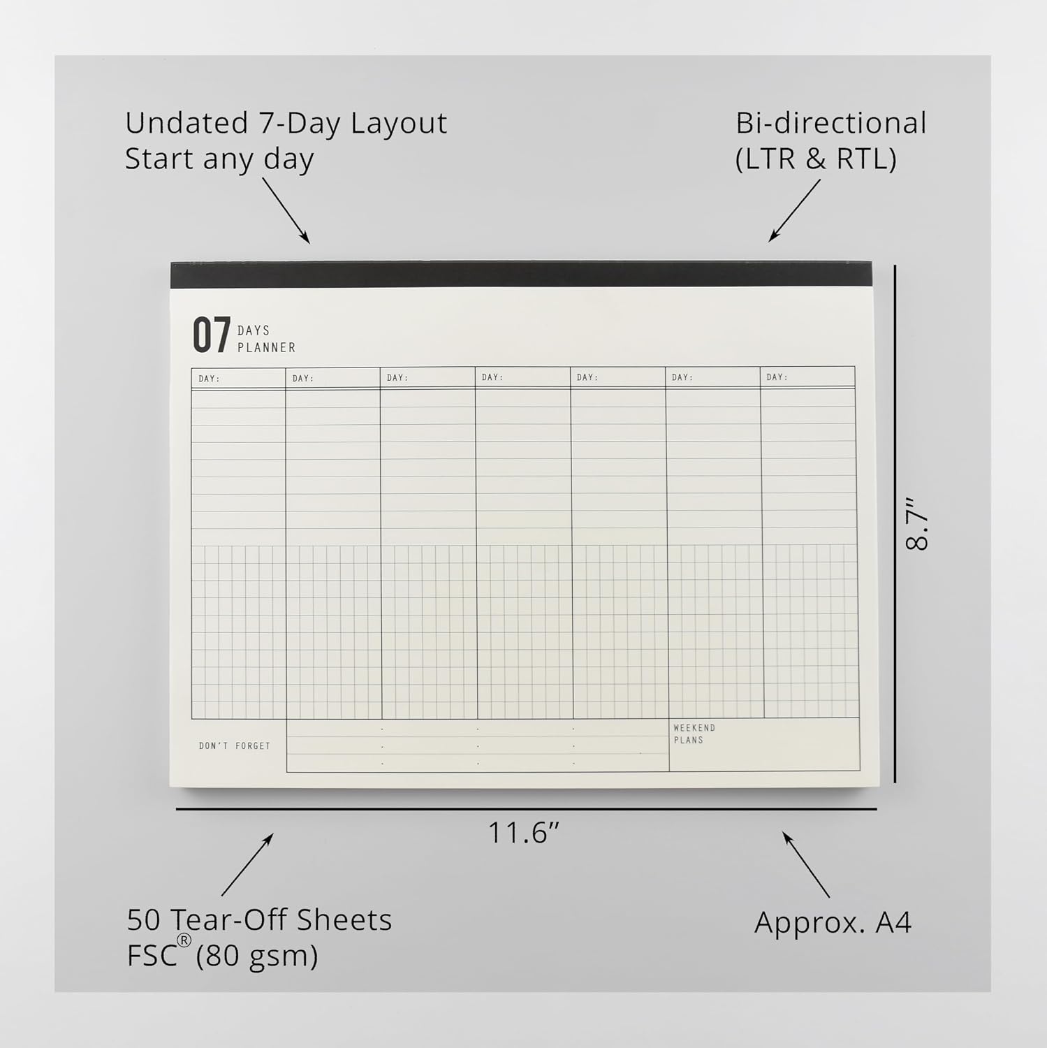 Premium Undated Weekly Planner Pad - 7-Day Tear-Off Notepad (Approx. A4, 11.6×8.7 in) for Work & Productivity - FSC® Paper - With Notes Section (Pack of 2)