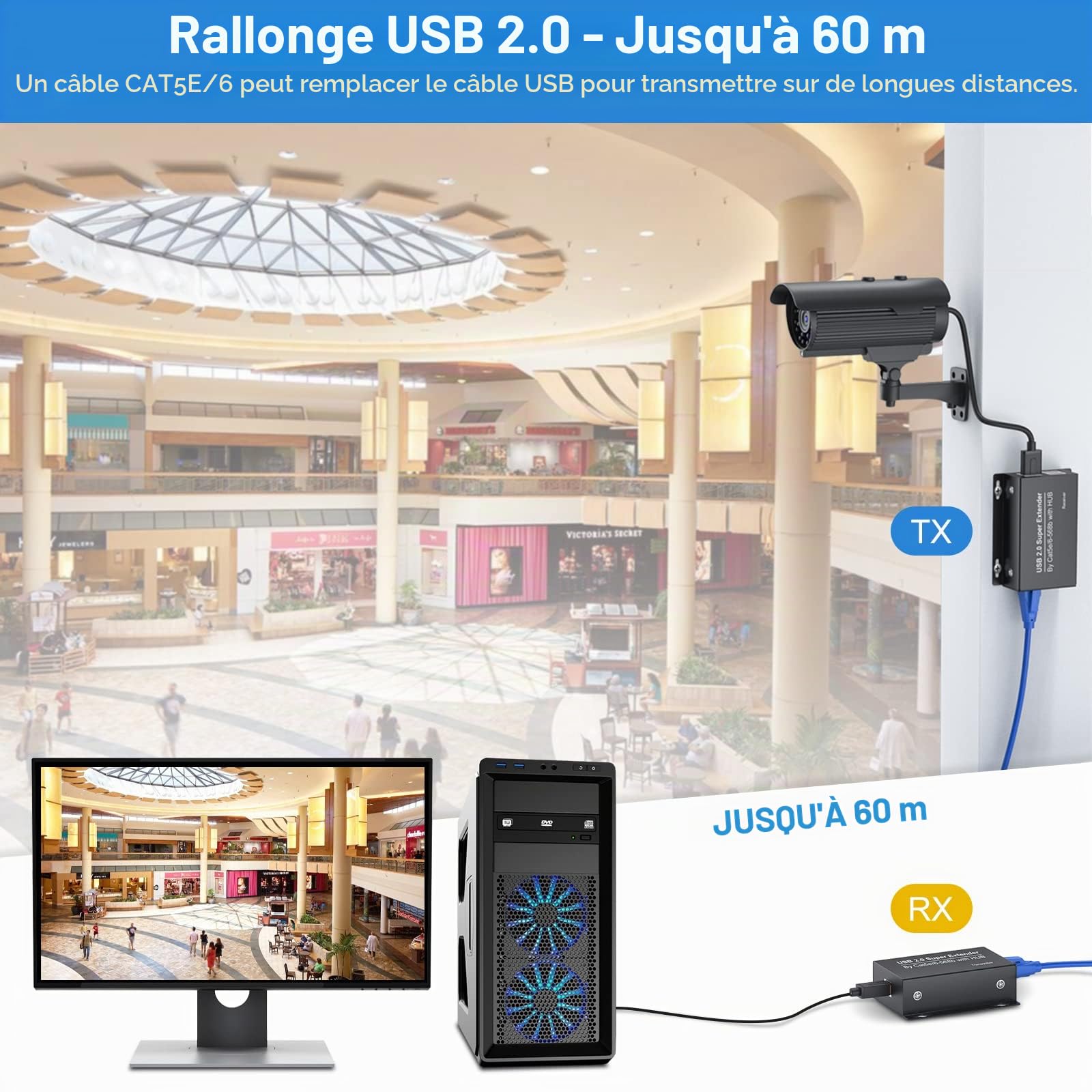 VEDINDUST USB 2.0 Extender Ethernet 4 Ports 196ft 60m Extension sur RJ45 Cat5e 6 Jusqu'à 480Mbps Deux Webcam Work Sync Support Windows MacOS Android Linux Pas de Pilote EX50USB etc