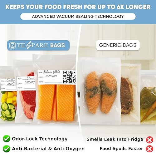 Miniatura 3 de Bolsas selladoras al vacío para almacenamiento de alimentos, paquete de 150 bolsas de vacío inteligentes con código QR, de 8 x 12 pulgadas, sin BPA,