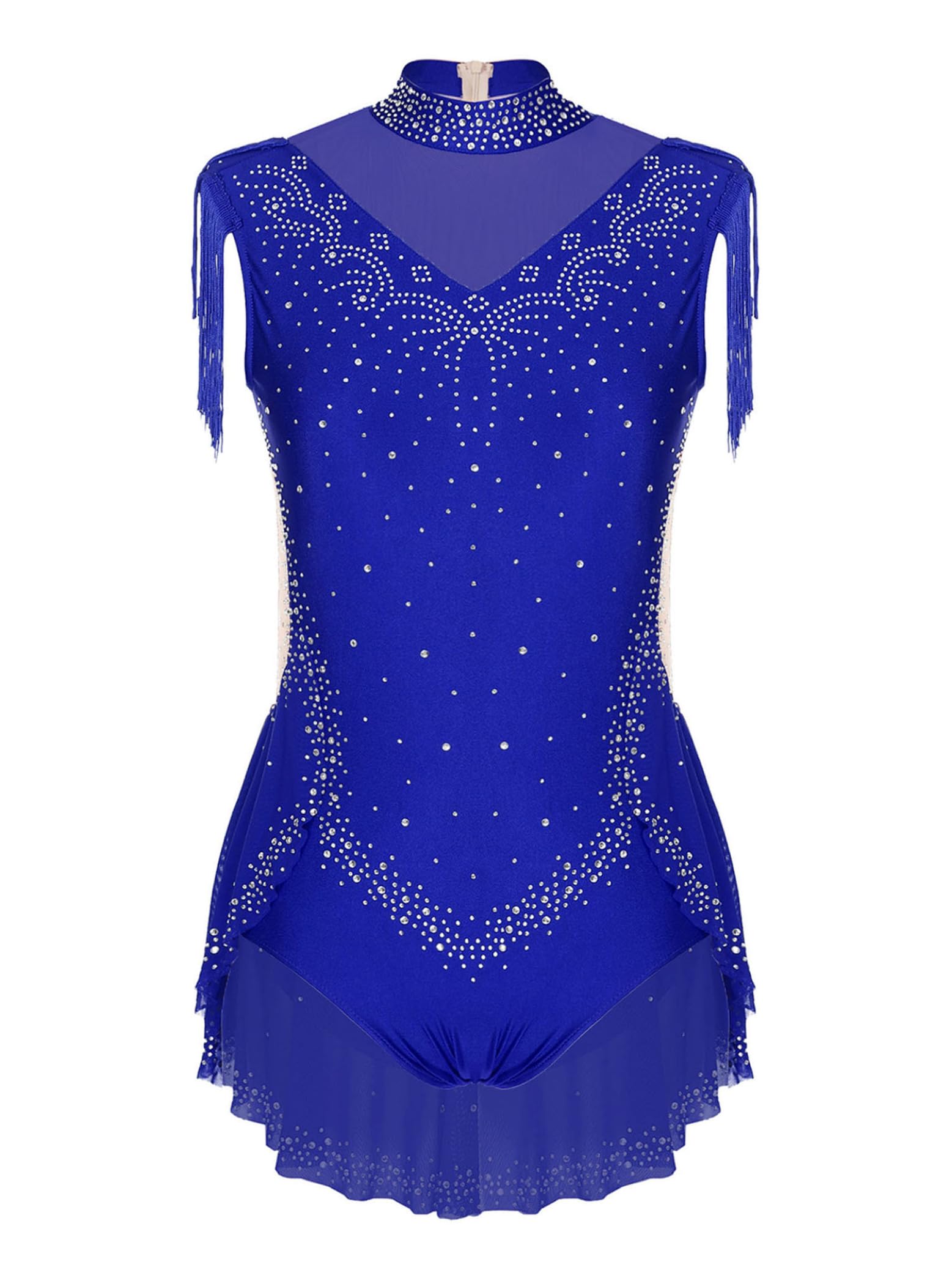 Maillot de Patinaje Artístico con Flecos para Niñas Leotardos de Danza sin Mangas con Volantes y Pedrería Brillante Maillot de Baile Latino Jazz