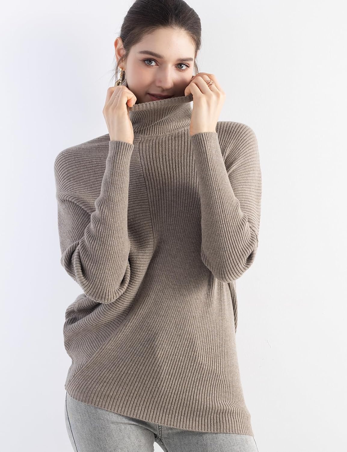 Women's Merino Wool Blend Oversized Sweater 2025 Fall Winter Turtleneck Batwing Sleeve Loose Fit Pullover Sweater - Image 2