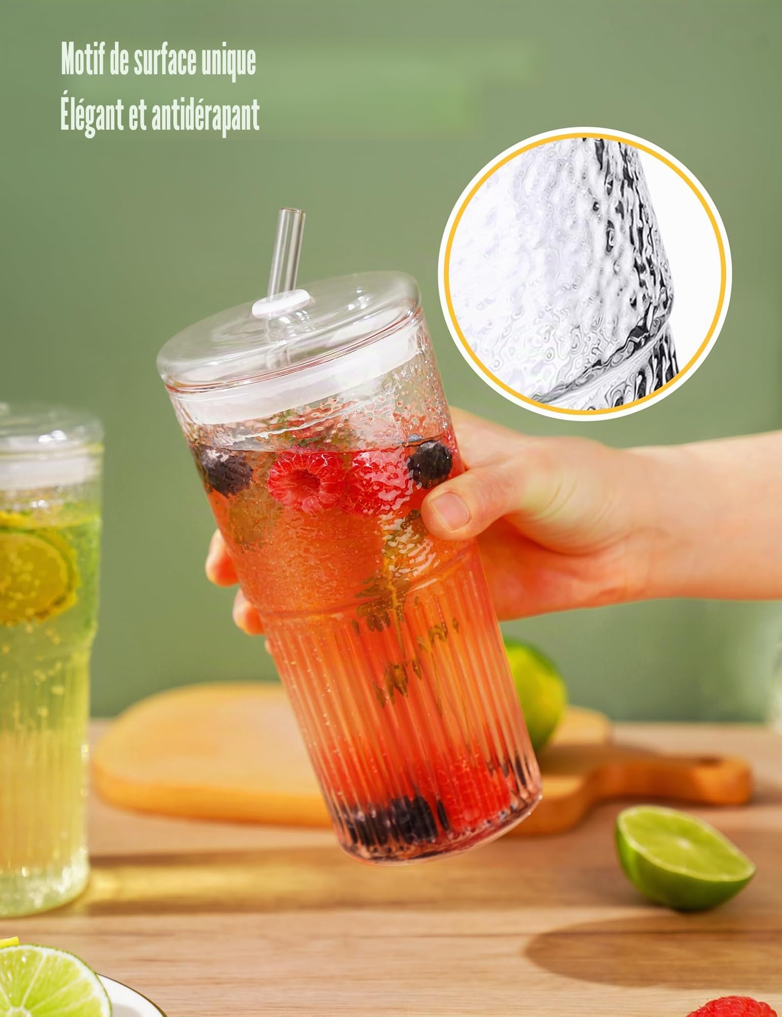 NiHome Lot de 2 gobelets en verre borosilicate transparent avec couvercle et paille, 650 ml, pour café glacé, smoothie, thé avec pailles, réutilisables
