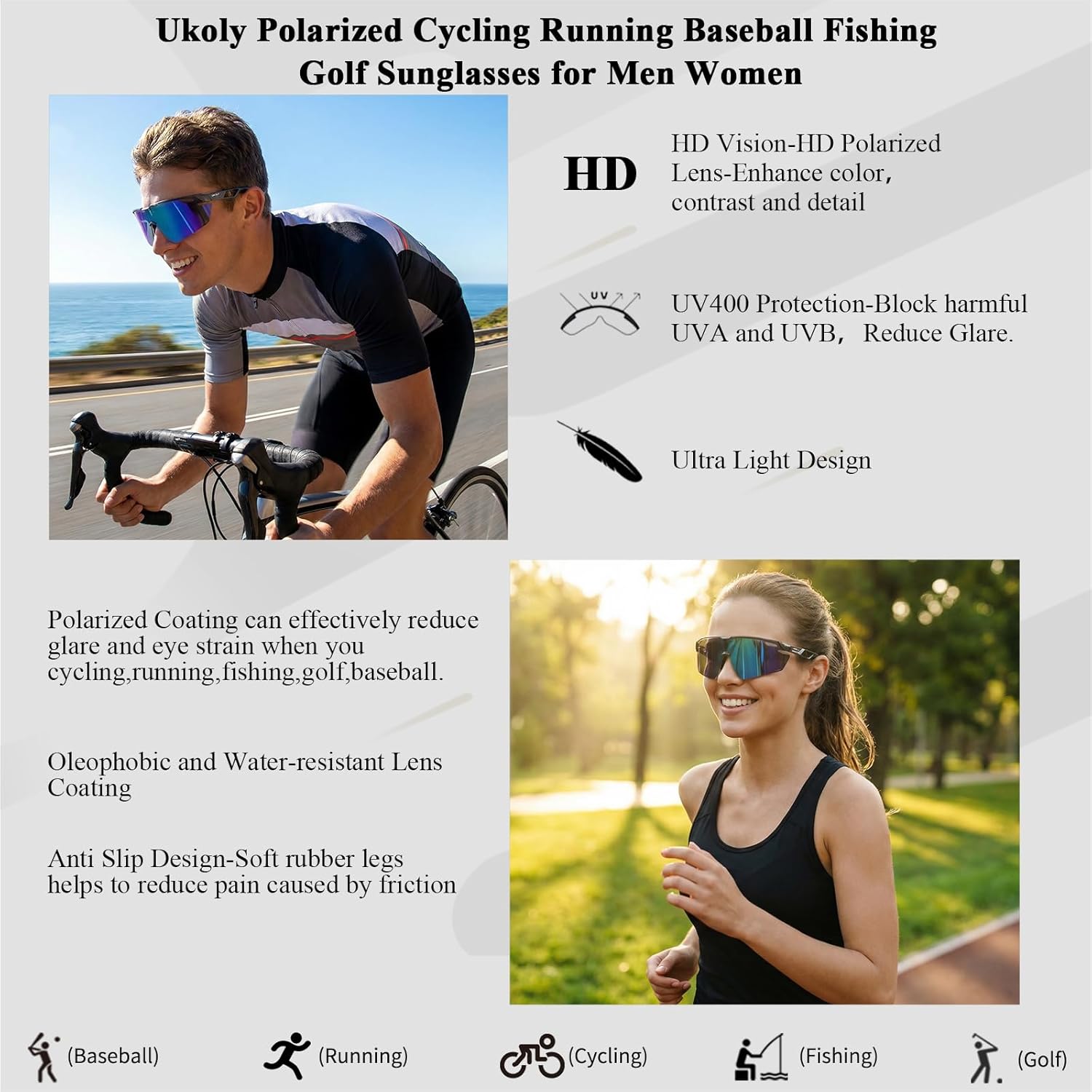 Ukoly Polarized Sports Sunglasses for Men Women,Sun Glasses for Running Cycling Baseball Fishing Golf UV400 Protection