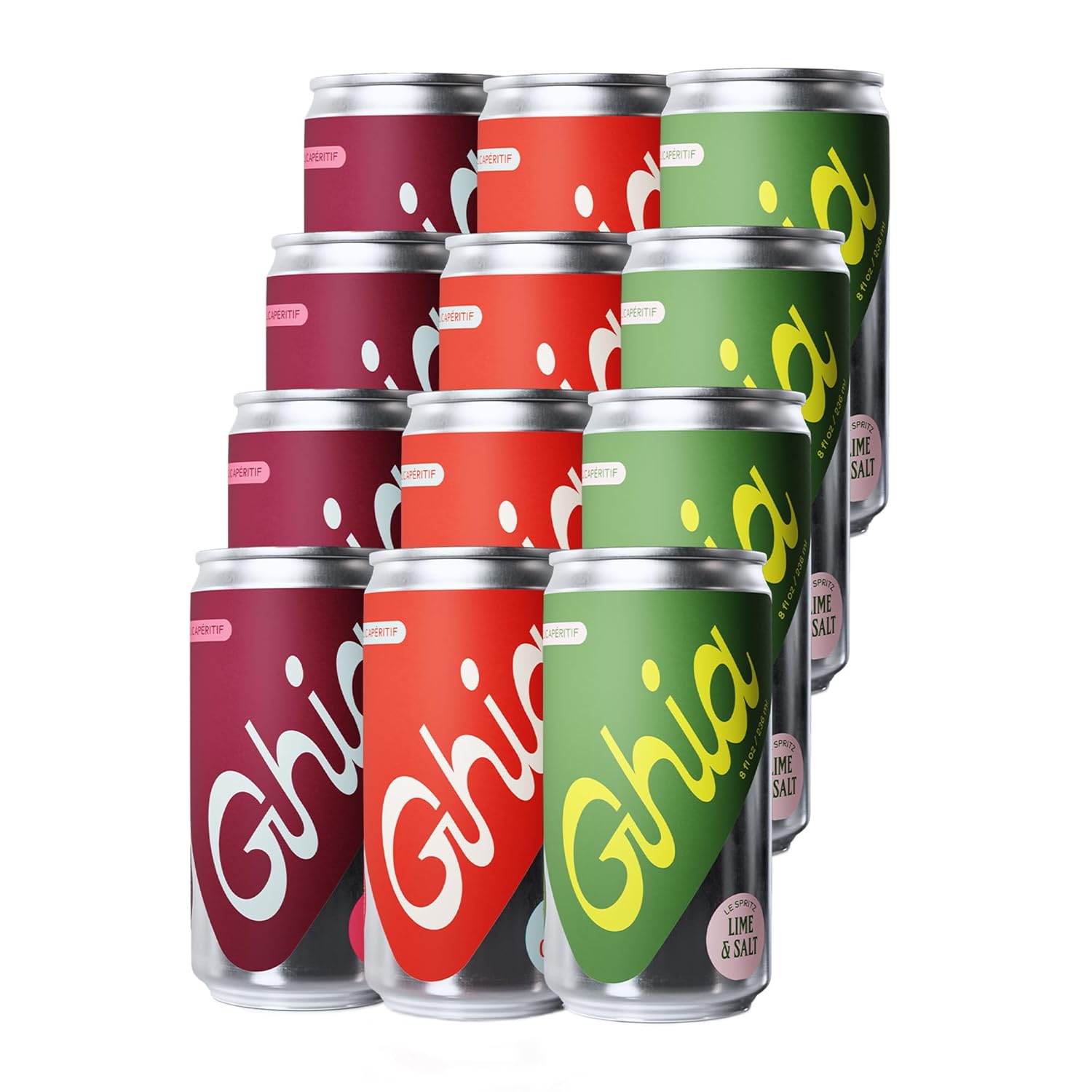 Ghia Non-Alcoholic Le Spritz | Variety 12-Pack | Canned Mocktail & Cocktail Mixer, Zero Proof Sparkling Apéritif with Soothing Herbal Extracts | No Sugar, No Artificial Flavors, Caffeine-Free (Lime & Salt, Soda, Ginger)