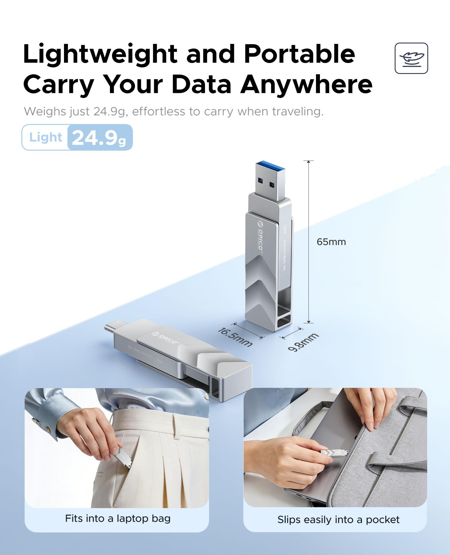 ORICO SSD Esterno 512 GB USB-A/USB-C, Lettura 400 MB/s, Scrittura 150 MB/s | Corpo Lega Zinco, Velocità Stabile, Plug&Play, Tracolla Inclusa, Compatto, Compatibile iphone 15/16/17 E PC
