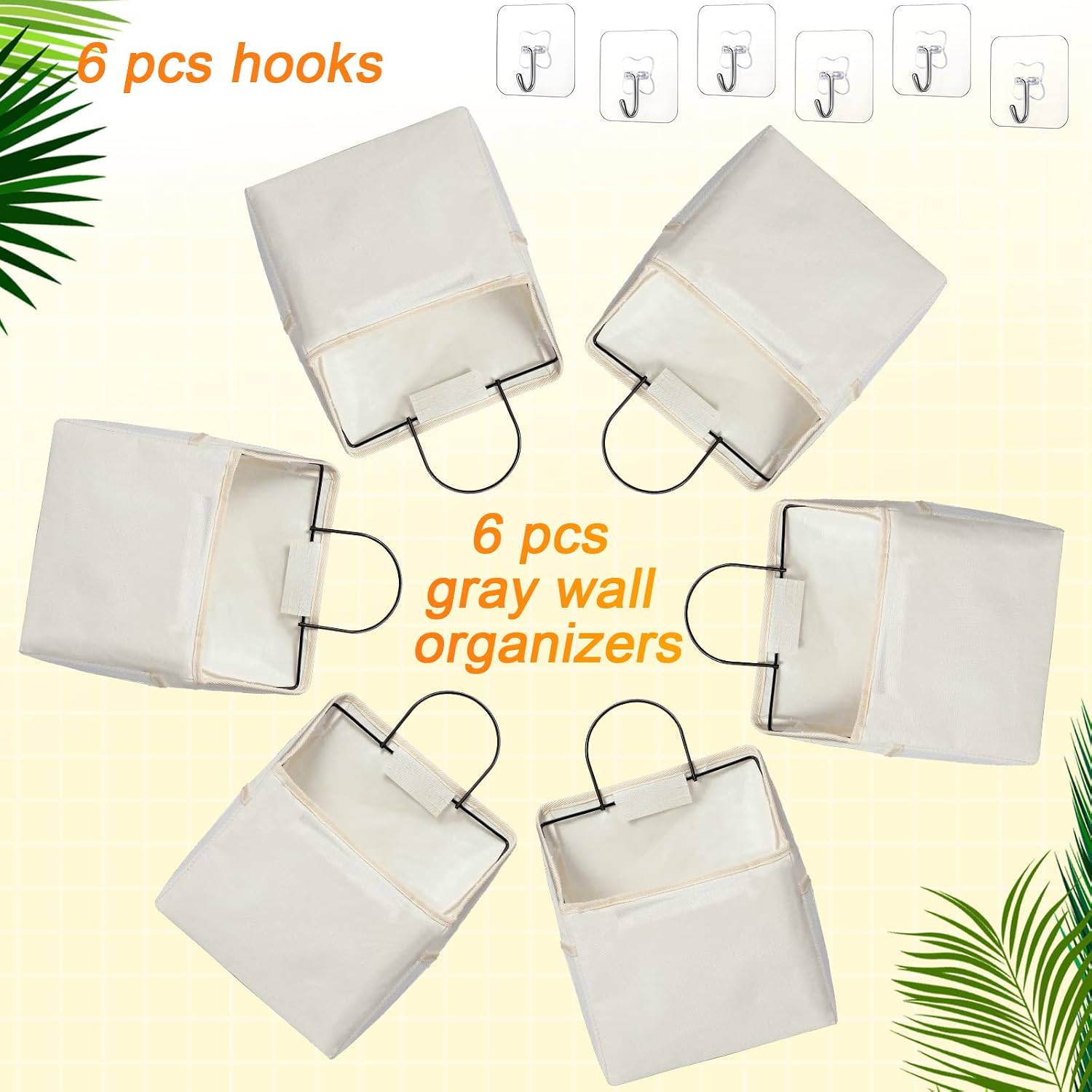 Chumia 6 Pack Wall Hanging Storage Basket Bathroom Closet Hanging Storage Bag over the Door Organizer Basket Bedroom Wall Organizer Waterproof Linen Cotton Box Containers and 10 Hooks(White) image 2