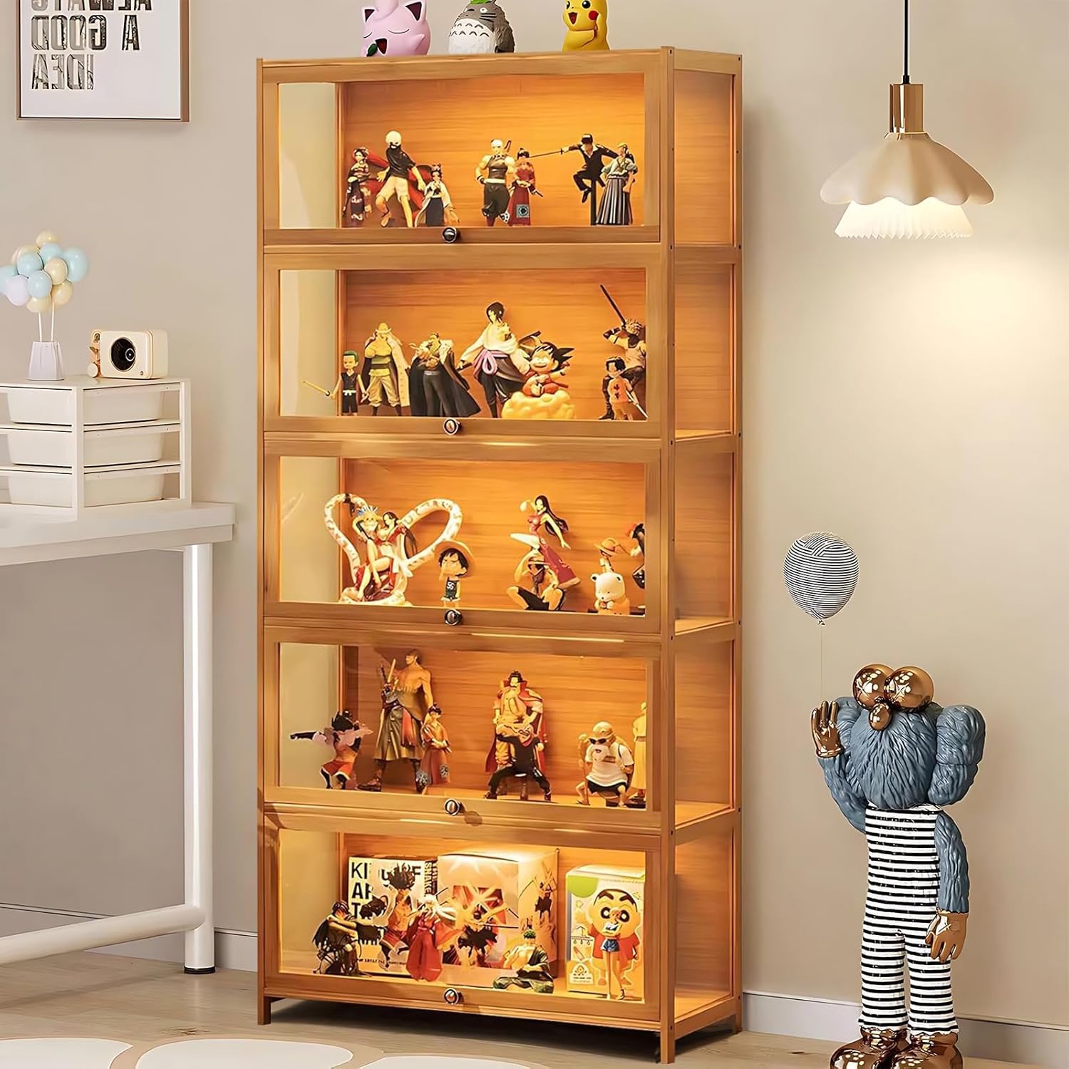 Vitrina de 5 Pisos De pie, armarios Curio, Puertas de estantería con, Puertas de acrílico Transparente, Vitrina de coleccionista para Sala de Estar, Oficina, Libros. (Voltereta marrón)