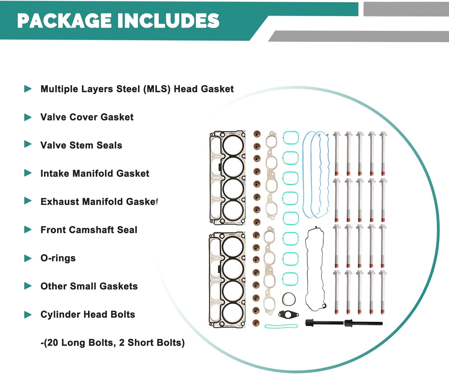 AUCERAMIC HS26744PT Cylinder Head Gasket Set with Head Bolts for 2014-2020 Chevrolet Silverado 1500 Suburban Tahoe GMC Sierra 1500 Limited Yukon XL 5.3L V8 L83 Replaces HS54996 HGS4308 HS8429