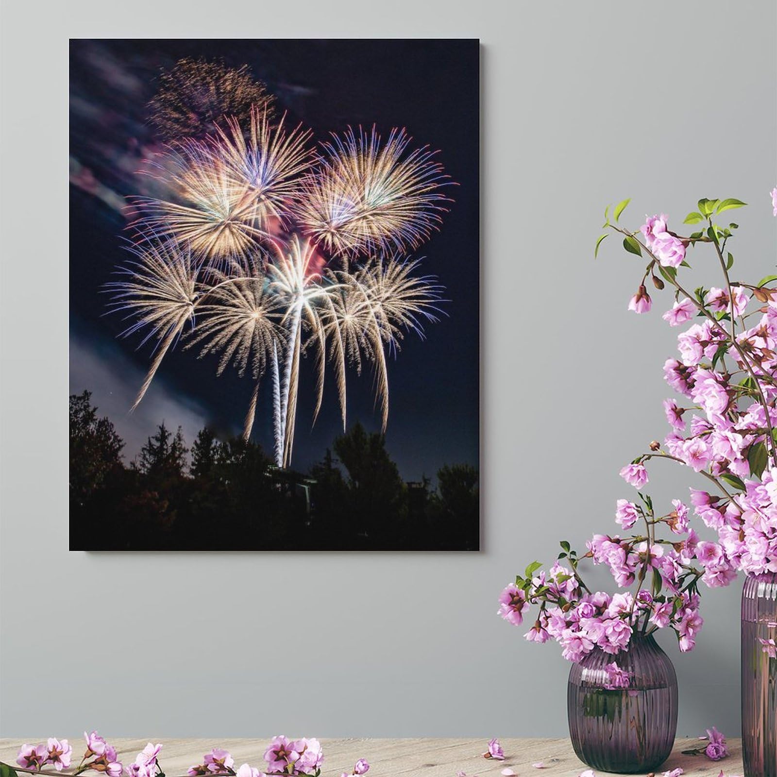 Amazon.co.jp: 絵画 夜の公園で花火が上がるインテリア 絵画 花火大会
