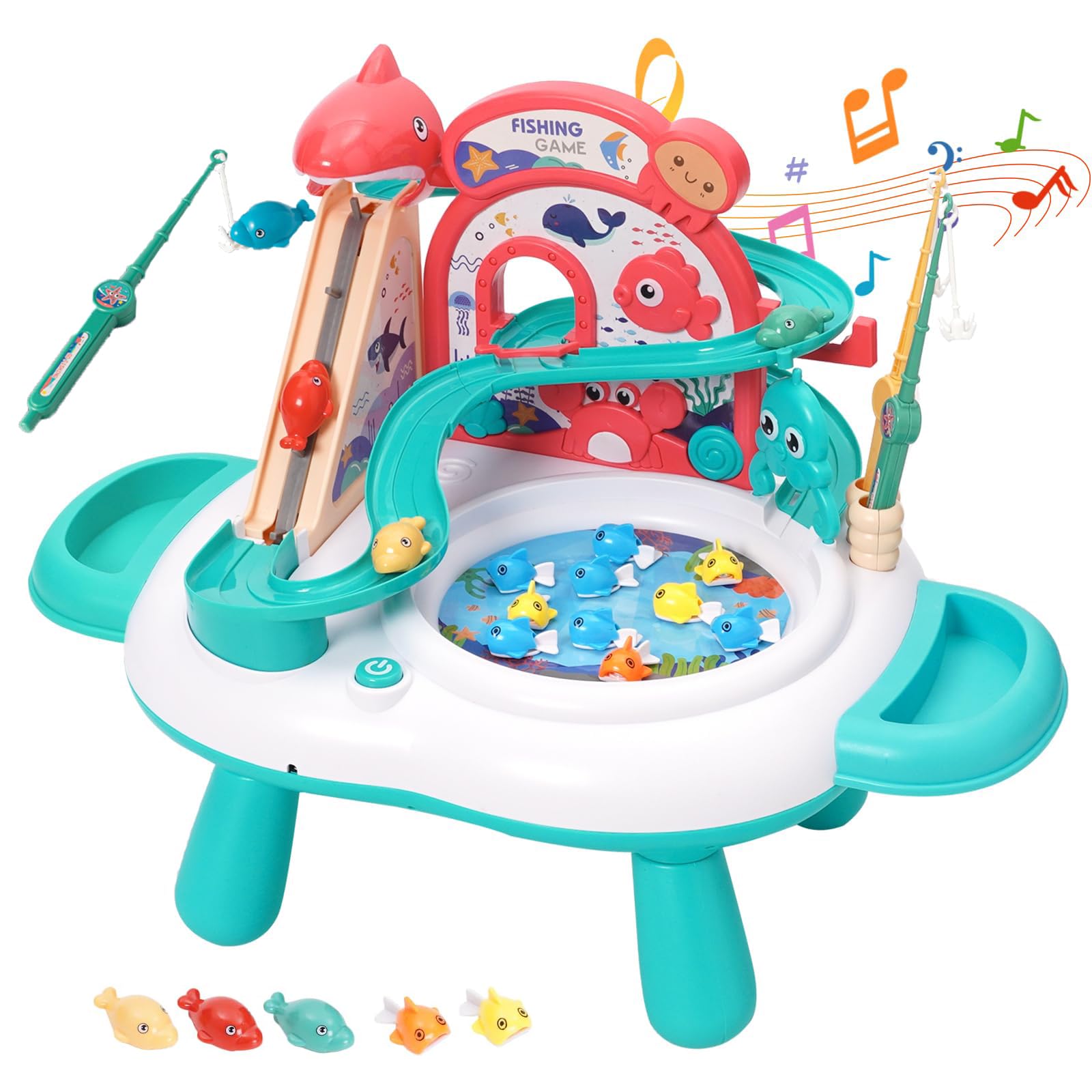 3 in 1 Kid Fishing Game Table with Race Track, Musical Fishing Toy Playset with Simulated Pond, 10 Fish