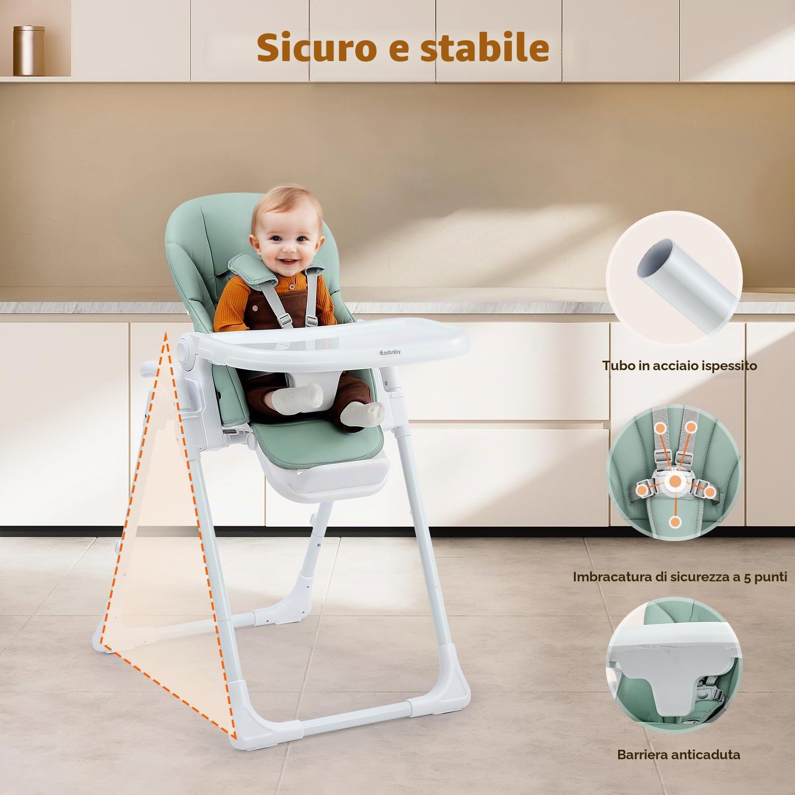 Ezebaby Seggiolone Bambini Ergonomico, Confortevole, Reclinabile, Pieghevole, con Altezza Regolabile e Poggiapiedi, Vassoio Staccabile con Ruote e Cintura di Sicurezza a 5 Punti Verde | 7 altezze, schienale reclinabile, doppio vassoio, cintura a 5 punti,