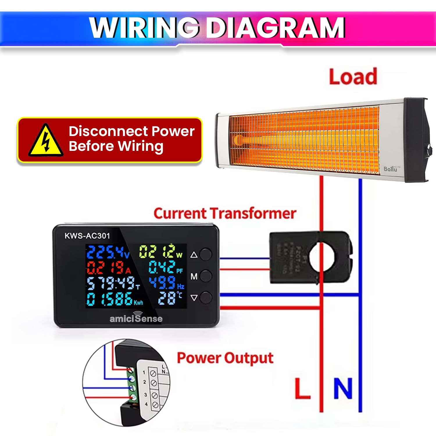 amiciSense 8 in 1 Digital Energy Meter with Open CT, 50–300VAC 100A Panel Mounted Power Monitoring Device, Color Display, Time Reading & 6 Alarm Alerts (22kW)- 1 Year Warranty 1