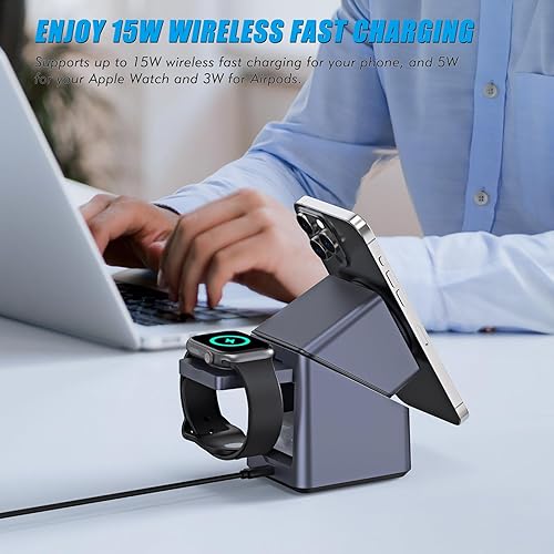 Miniatura 6 de Estación de carga 4 en 1 compatible con Magsafe, soporte de cargador inalámbrico rápido de 15 W con reloj LED, soporte de teléfono Metel ajustable