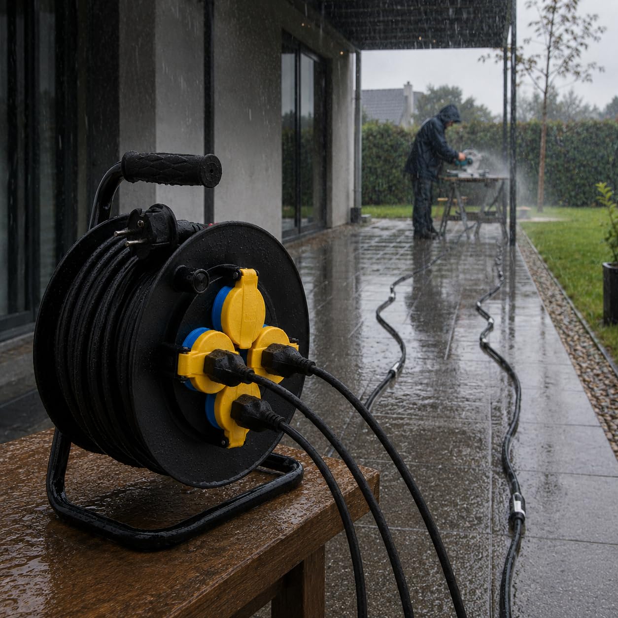M mimotec - Avvolgicavo da Esterno 25m IP44 4 Prese 3200W 16A, Cavo H05RR-F 3G1,5 mm², Protezione Bambini, Ideale per Giardino, Cantiere e Officina