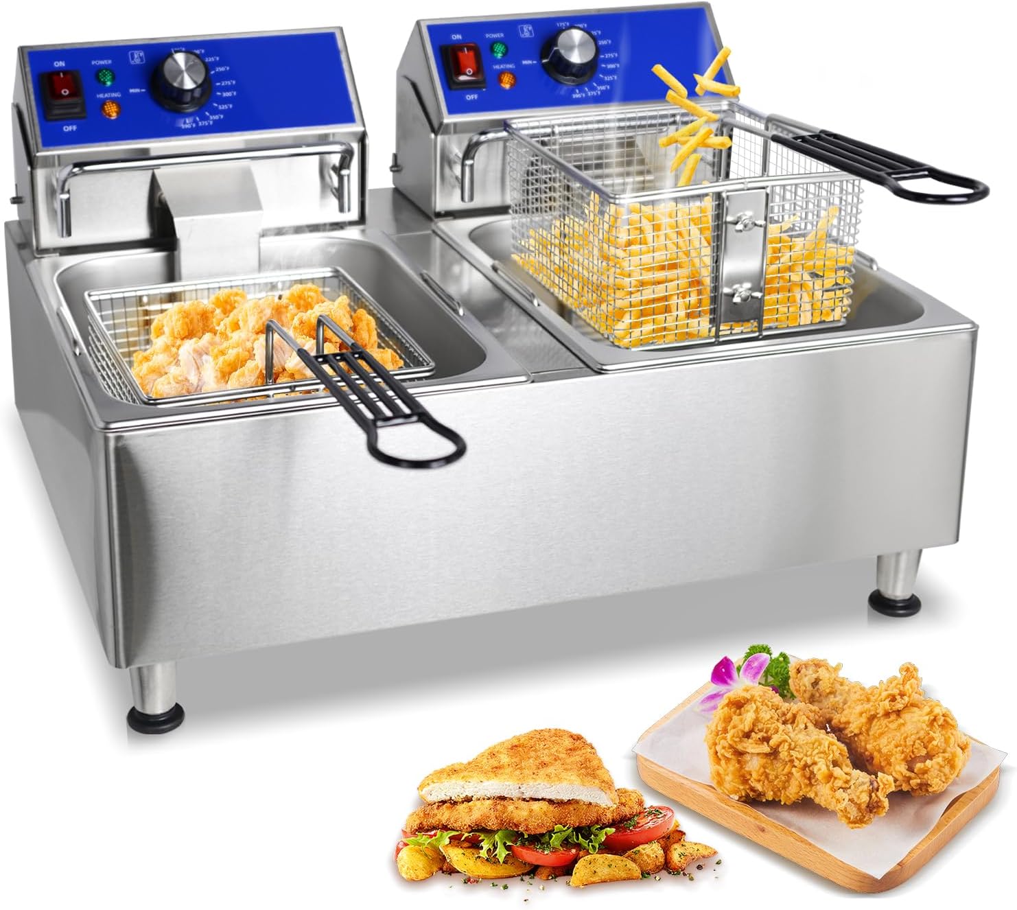 - 21.2QT Double Deep Fryer with 2 Baskets, 2x6.35QT Oil Capacity Electric Oil Fryer with Lid & Temperature Control, Commercial Deep Fat Fryer Perfect for Commercial or Domestic Use, 3600W, ETL