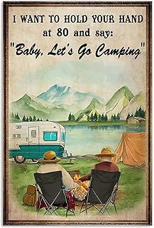 Xiddxu Vintage Metal Tin Sign Funny Camping Sign I Want to Hold Your Hand at 80 and Say Baby Let's Go Camping BarTavernPubClub Man Cave Wall Decor 8x12 Inch