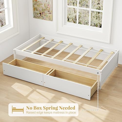 Miniatura 7 de Giantex - Estructura de cama individual con 2 cajones de almacenamiento, cama de plataforma de madera maciza con soporte de listones, sofá cama