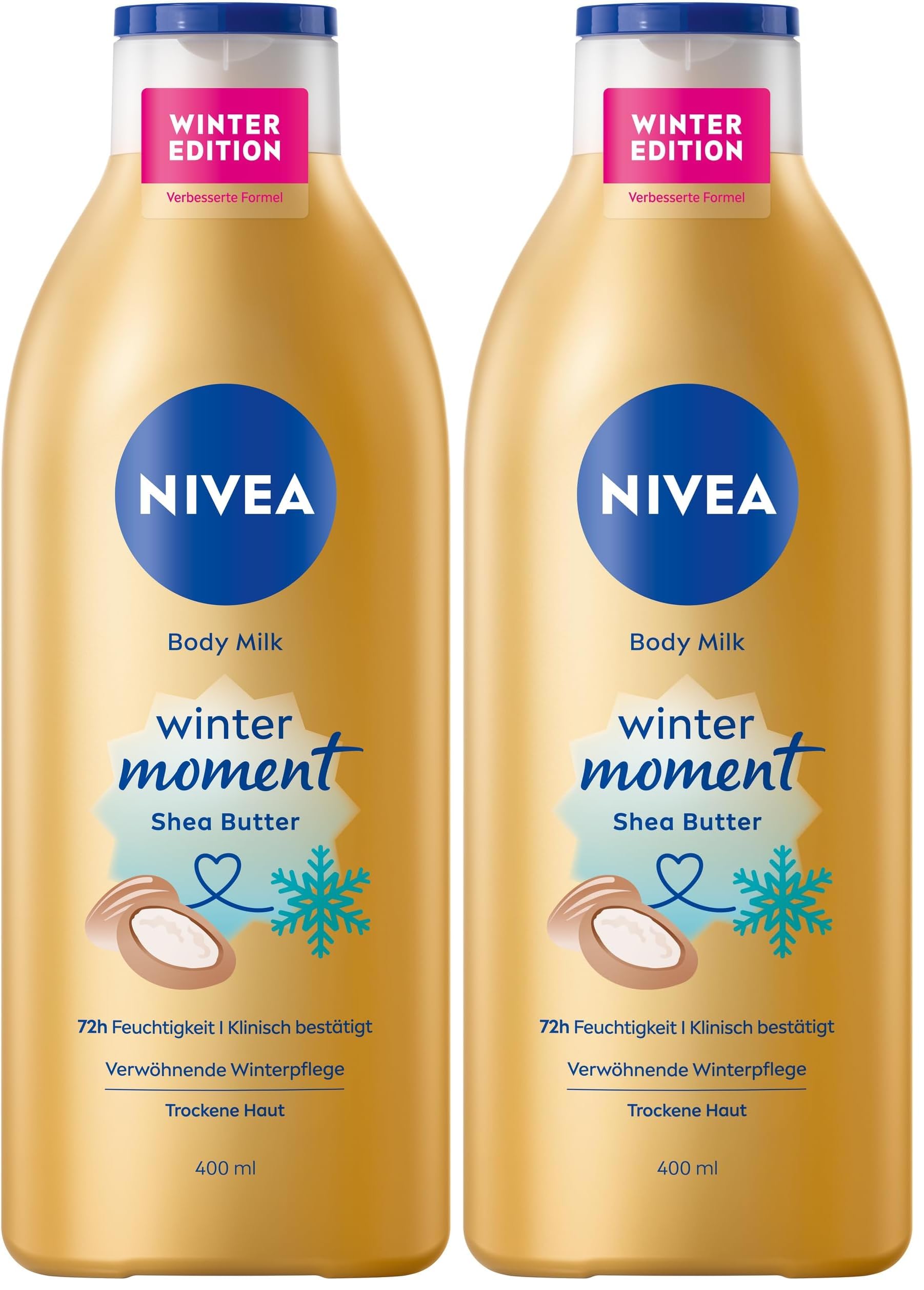 NIVEA Body Milk Winter Moment, Body Lotion mit Tiefenpflege Serum für 72h Feuchtigkeit, Körperlotion mit Sheabutter für trockene Haut, mit einzigartigem Winterduft (400 ml) (Packung mit 2)