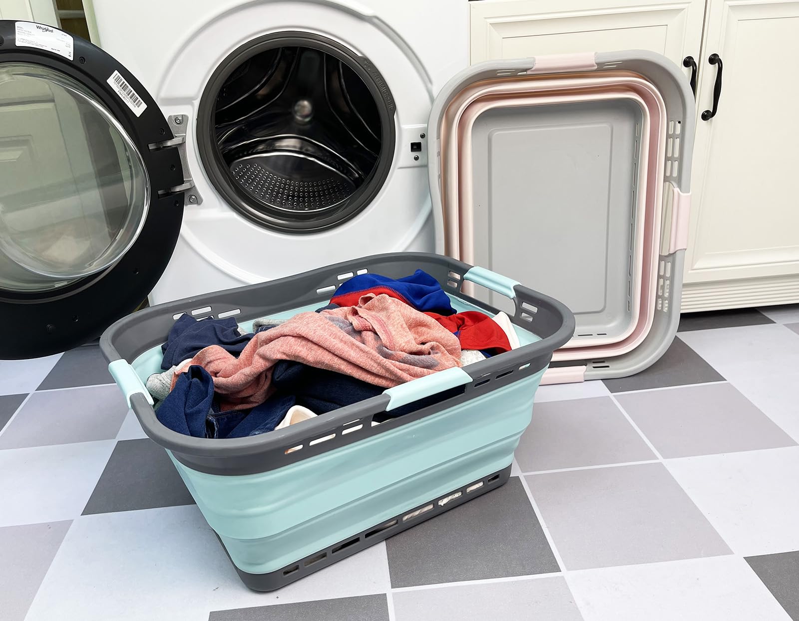 SAMMART 2er-Set zusammenklappbarer Aufbewahrungskörbe aus Kunststoff – faltbarer Pop-Up-Aufbewahrungsbehälter – tragbarer Wäsche-Organizer – platzsparender Wäschekorb (Rosa+Seegrün, 42L (Stil A))