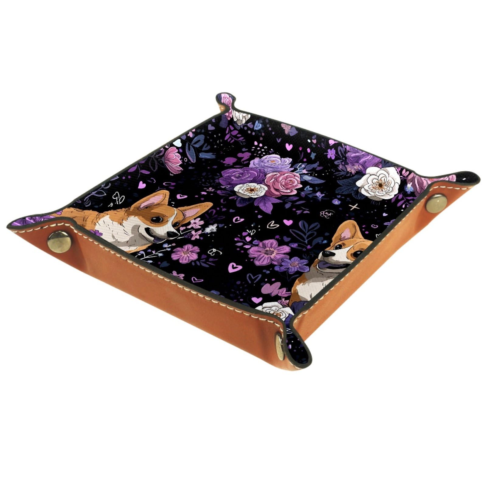 VAPOKF Corgis Rose Dice Trays Quadrilateral Dice Folding Tray Microfiber Leather Holder for Table Games RPG DND, 20.5 × 20.5 cm