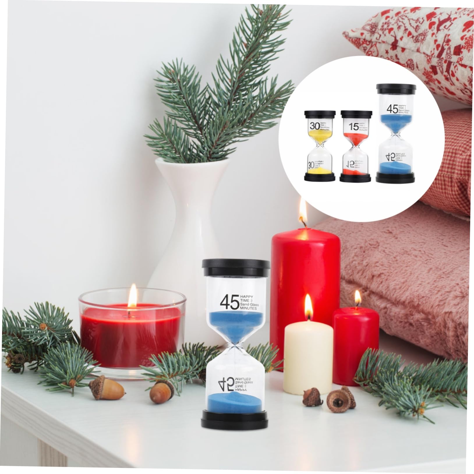 Reloj de Arena 3 Piezas de Escritorio de Vidrio y Plástico para Interiores | Temporizador de Mesa, Juego Infantil, Decoración del Hogar, Uso Diario, Artículo