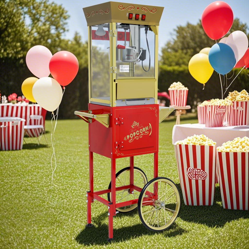 Carrello per popcorn da 340 g con bollitore in acciaio inossidabile, lampada termica e accessori per riunioni di famiglia, feste, vacanze e distributori di popcorn al cinema, rosso